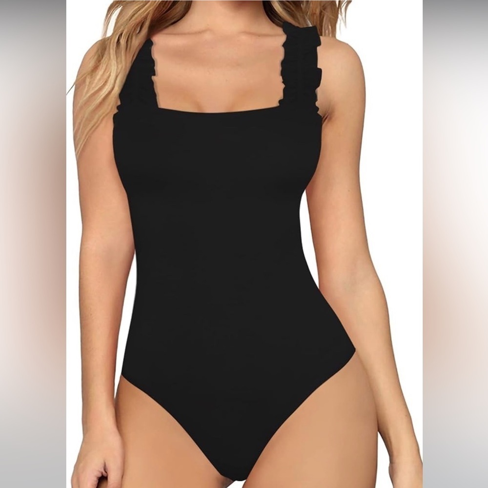 MangoPop ruffle strapped straight neckline bodysuit in black. Size small.
